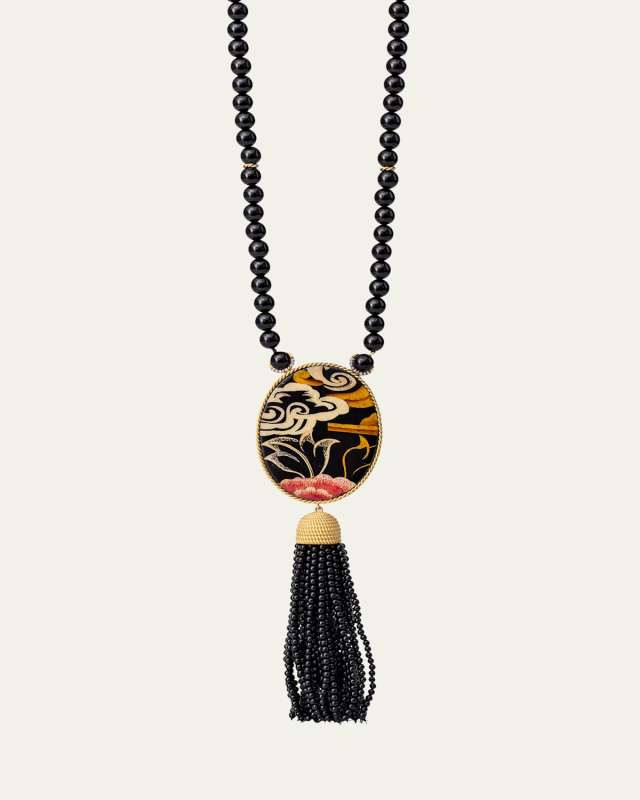Tibetan Rose Oval Marquetry Necklace with Diamonds and Onyx